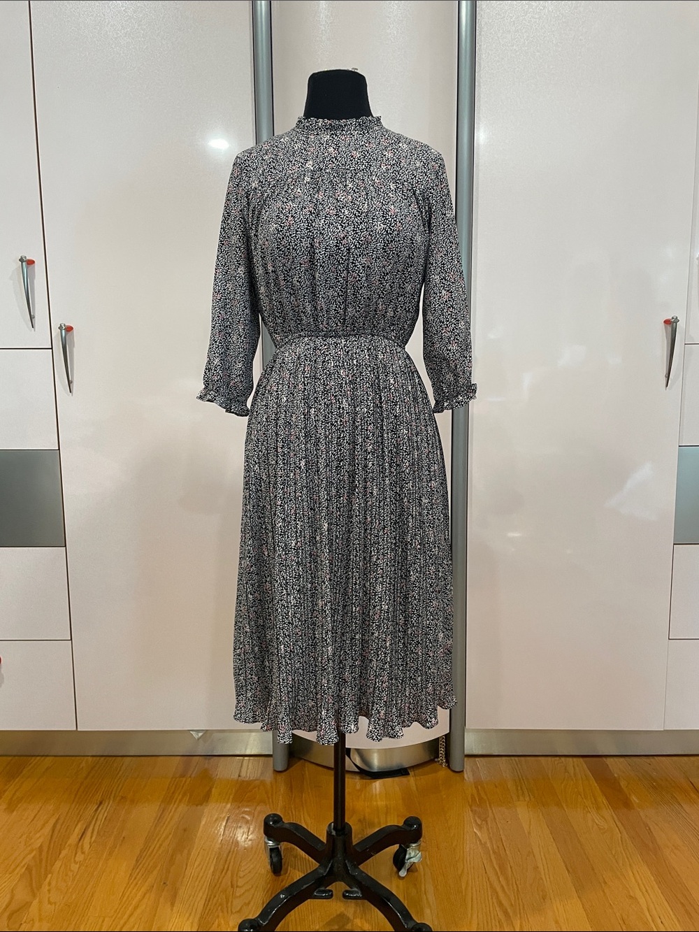 High-Neck Midi Dress with Smocked Waist in Black Floral